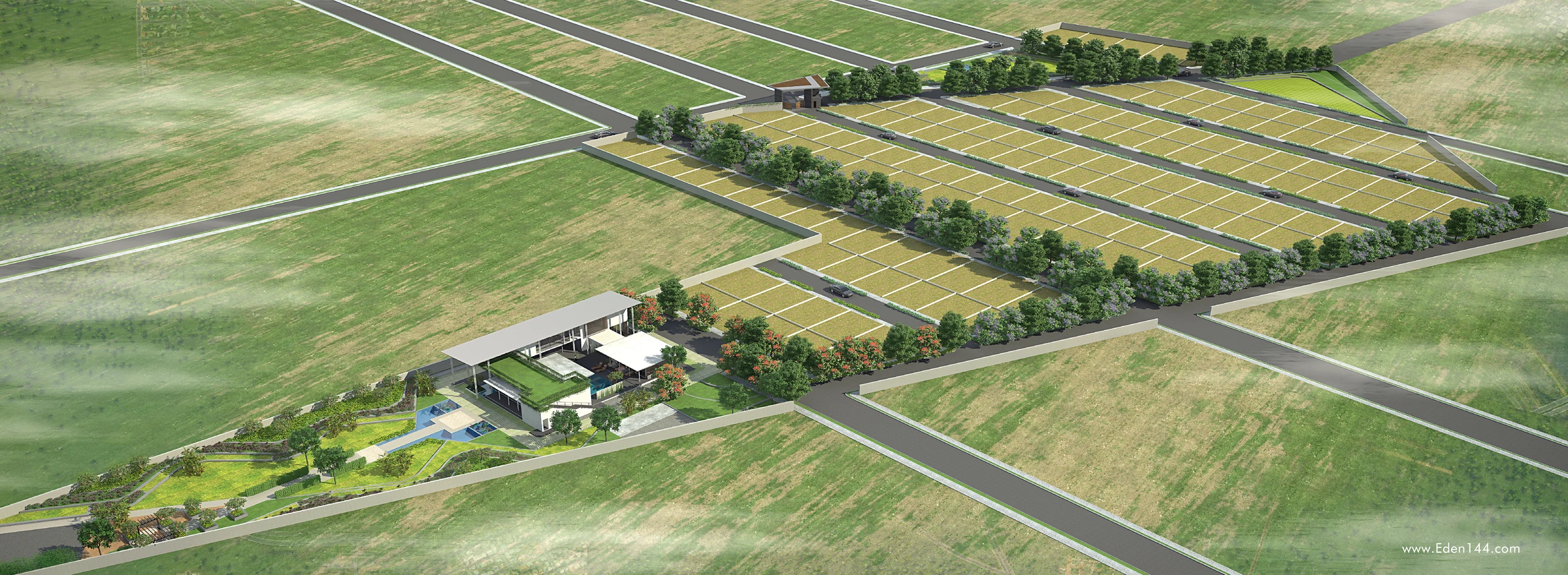 Aerial render of the Eden 144 layout