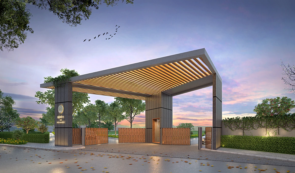 The Eden 144 entrance pavilion at dusk