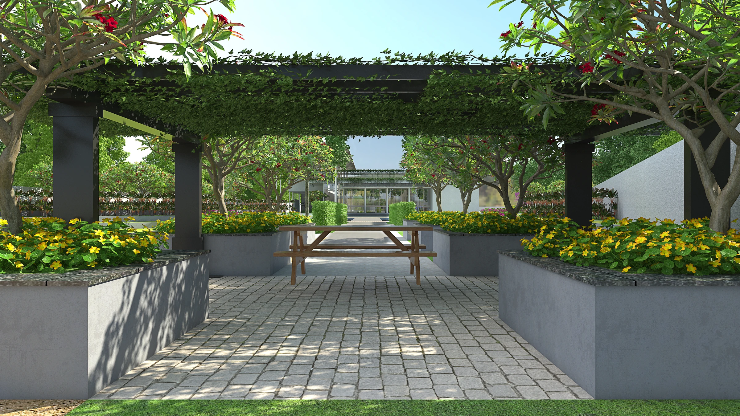 The landscaped gazebo area at Eden 144