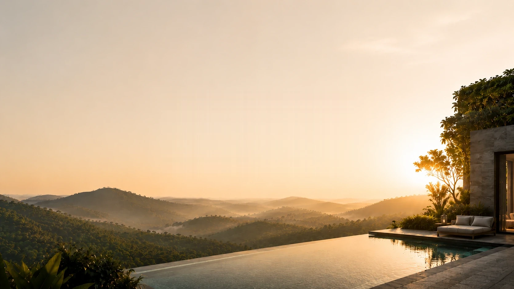 A private pool villa at sunset at Eden Hills, Nandi Hills