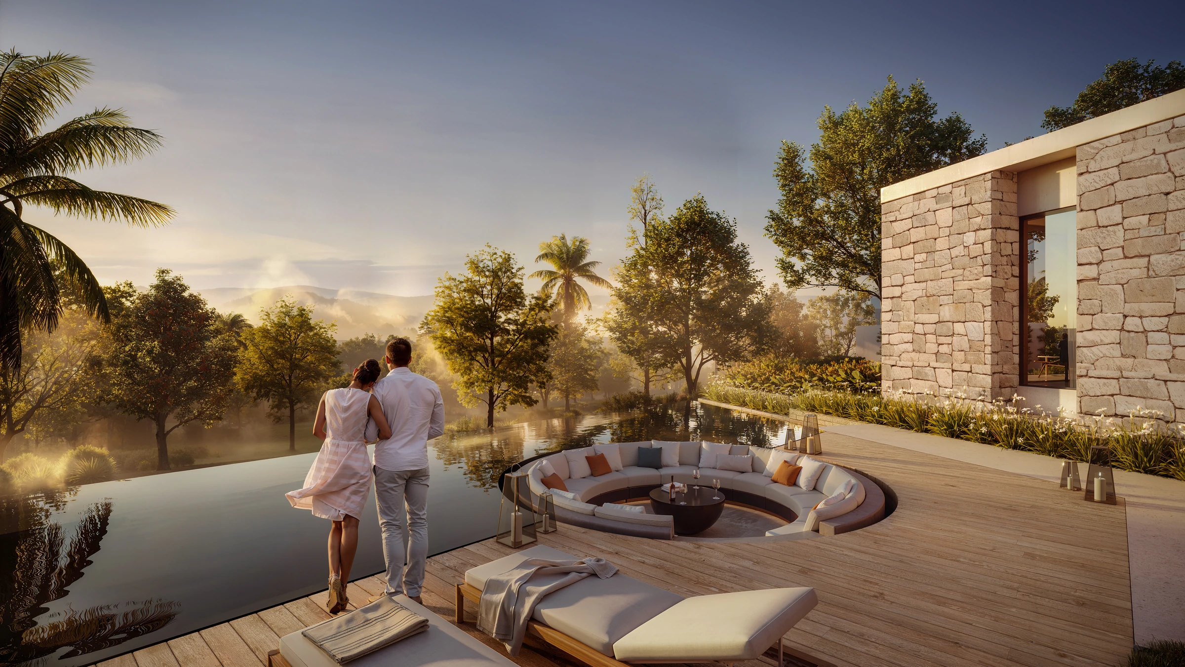 A couple on the sunset deck of a Silver Ranches villa