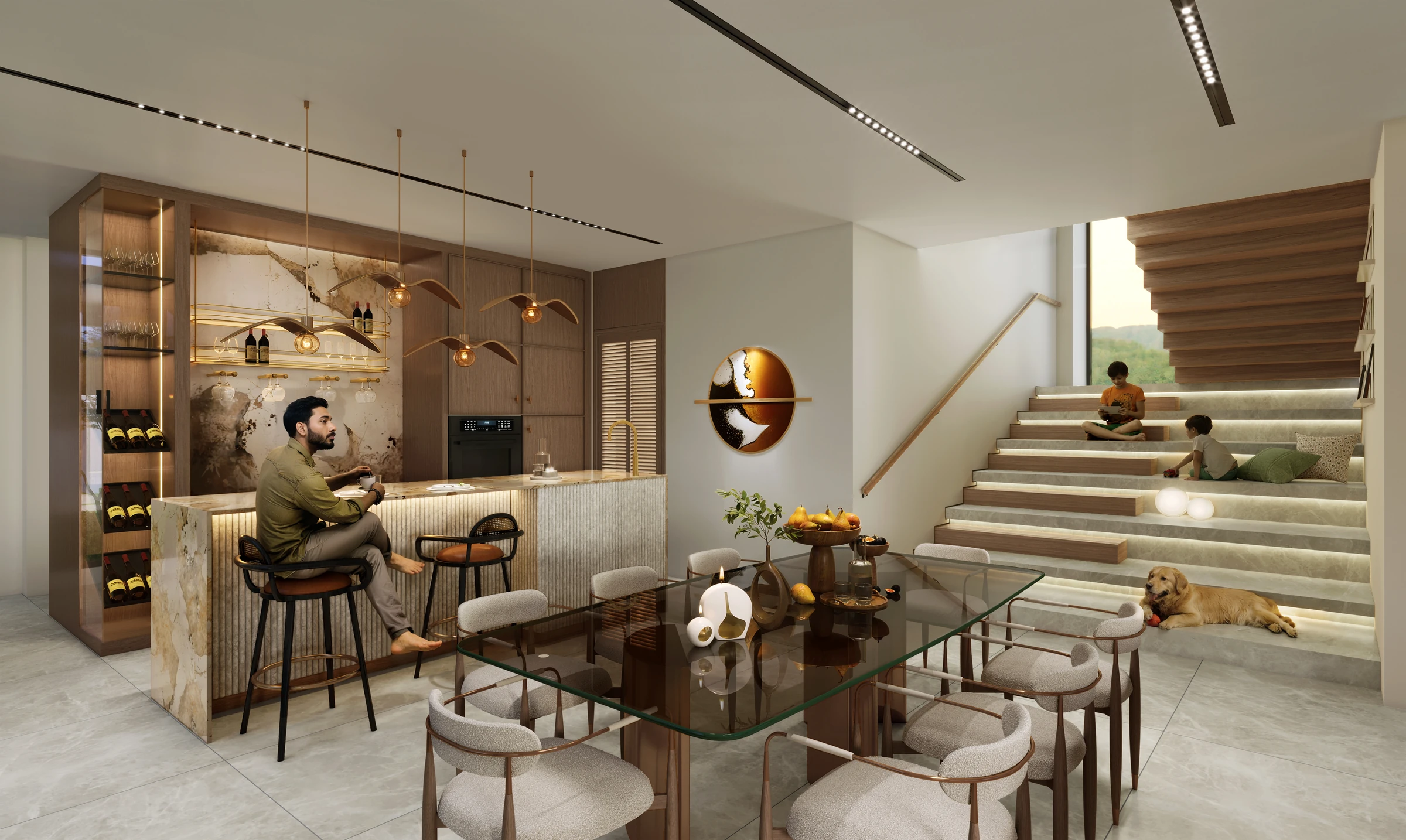 Dining room with open kitchen and stair