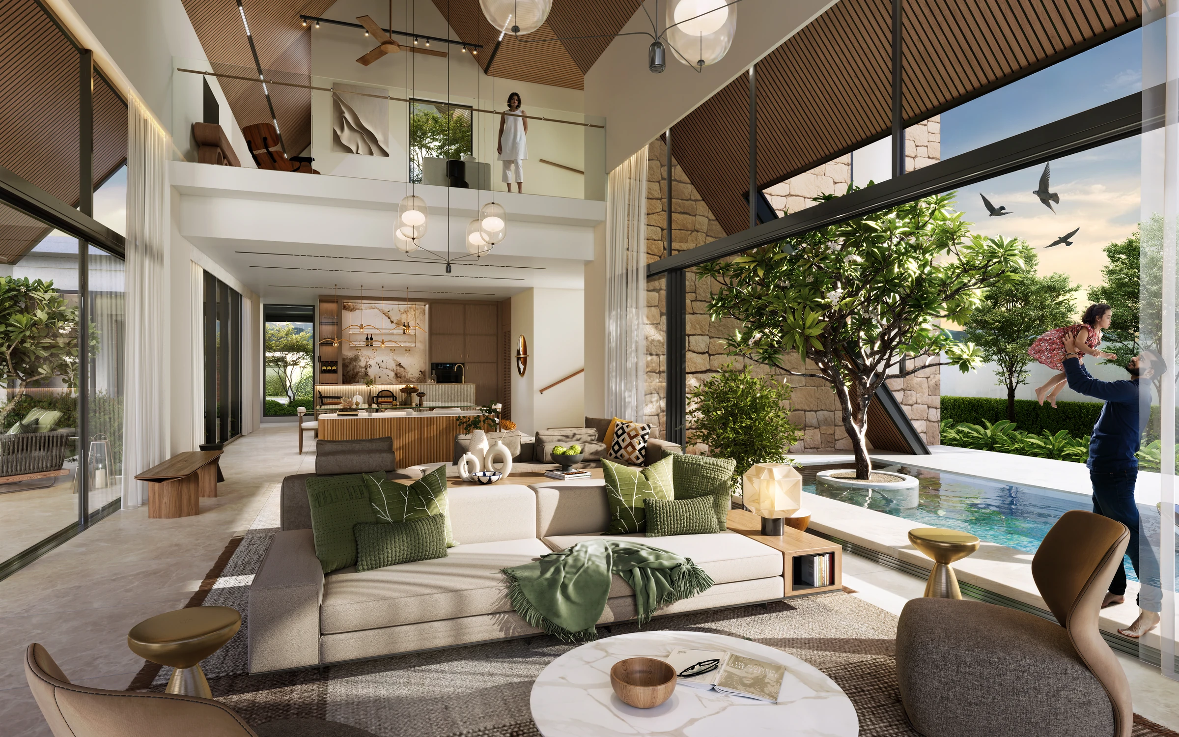 Double-height living room opening to the pool